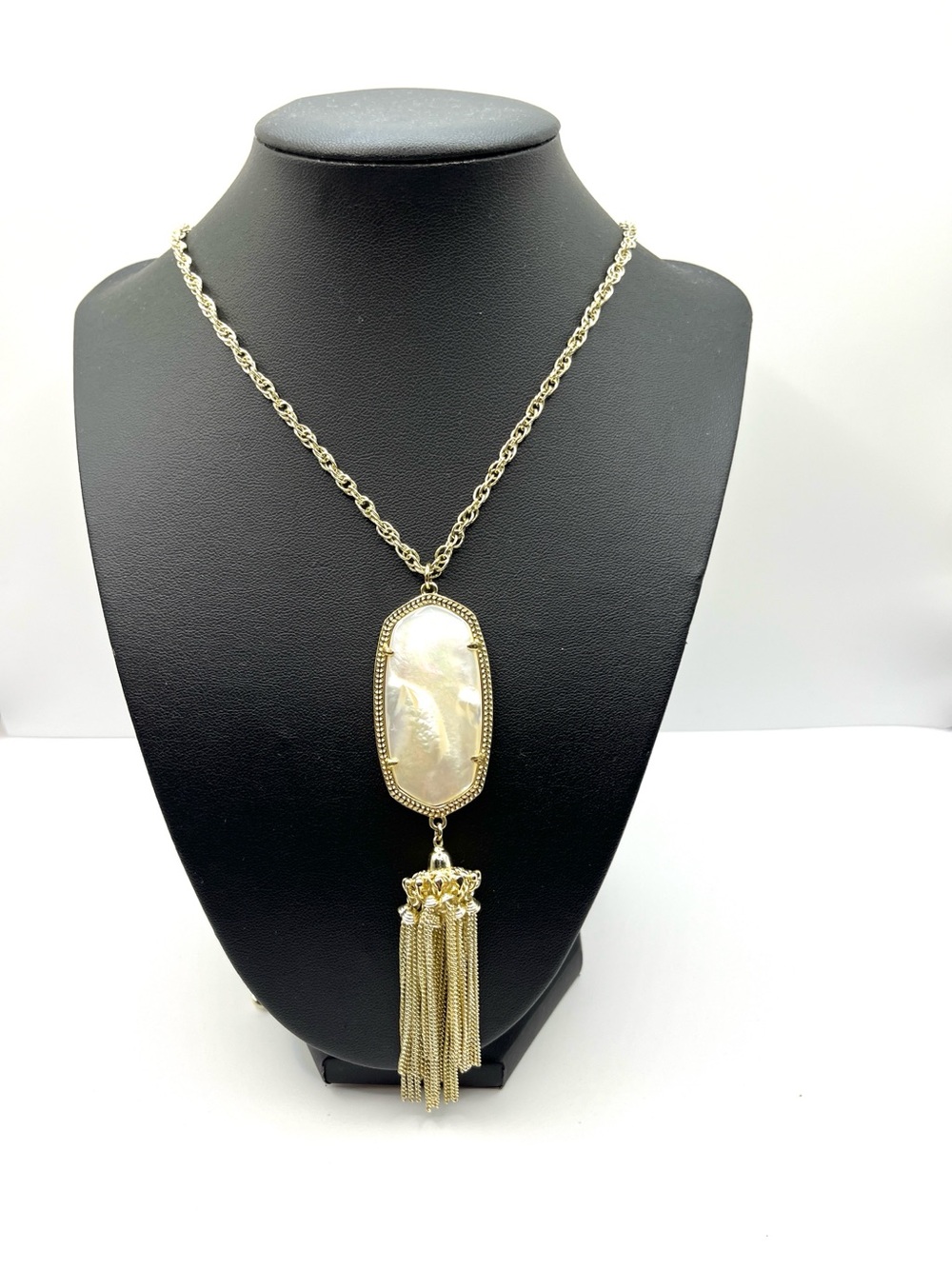 Kendra Scott "Rayne" Mother of Pearl Faceted Stone Chain Tassel Pendant Necklace
